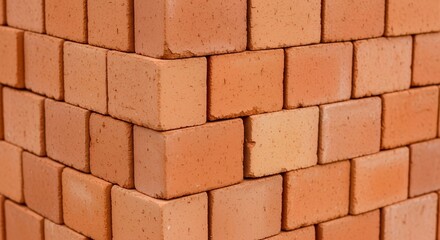Fototapeta premium Stacked orange bricks in a corner arrangement on construction site 