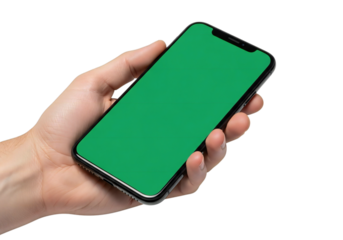 Hand holding green screen smartphone, isolated on transparent background