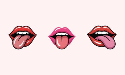 Three cartoon lips with tongues sticking out mouth
