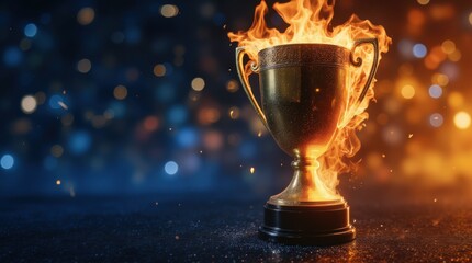 Award for the best and first, championship trophy, trophy of victory, flaming sports trophy, trophy of success, sports banner background, championship trophy with flames