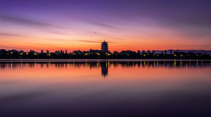 Fototapeta premium Chinese Pagoda Silhouette at Sunset with Lake Reflection and City Skyline
