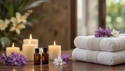Alm Spa still life that promotes wellbeing and relaxation with candles, towels, and aromatic scents
