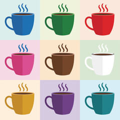 Obraz premium Colorful hot beverage mug icon set with steaming coffee cups cozy drink symbols modern flat vector illustration
