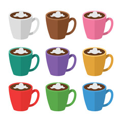Obraz premium Coffee cup icon set with whipped cream and latte foam colorful ceramic mugs modern flat vector illustration collection
