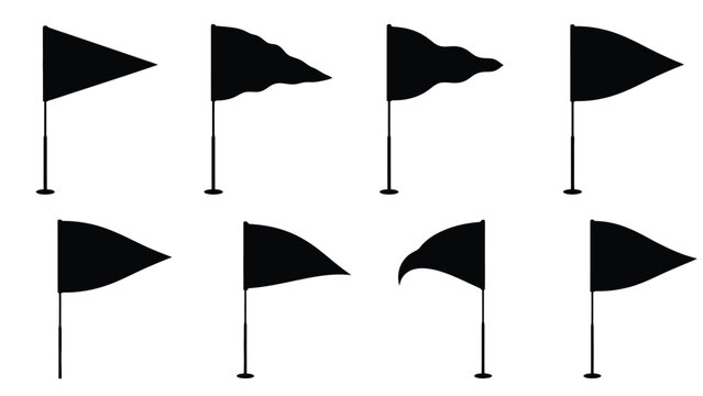 A collection of black silhouette flags displayed in various waving positions