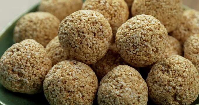 Amaranth Laddu or Rajgira Laddoo Made from Royal Grain Cholai, Traditional Indian Spherical Sweet Balls