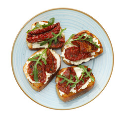 Delicious bruschettas with cream cheese, sun-dried tomatoes and arugula isolated on white, top view