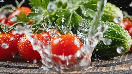 Vibrant red cherry tomatoes and crisp green cucumbers glistening with fresh water droplets are beautifully arranged on a rustic wooden surface highlighting their natural appeal and readiness for heal. - Powered by Adobe