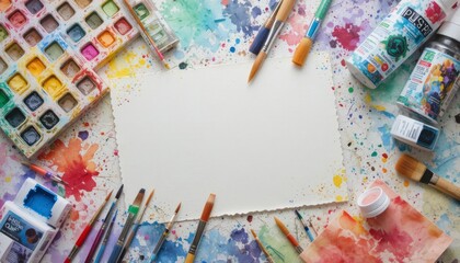 Innovative flat arrangement of art tools using vibrant paints, brushes, and a background of textured paper