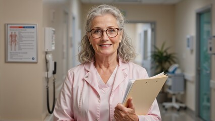 Portrait of a smiling senior female doctor in a hospital corridor. Mature healthcare professional holding a patient chart