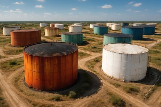An aerial shot reveals a vast field dotted with large rusted and painted storage tanks under a sunny sky