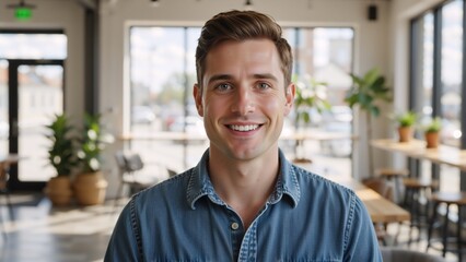 Obraz premium Headshot portrait of a handsome young man smiling at the camera. Confident professional in a modern office or cafe
