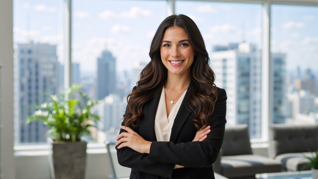 Confident smiling businesswoman standing in a modern office. Portrait of a young professional corporate leader with arms crossed