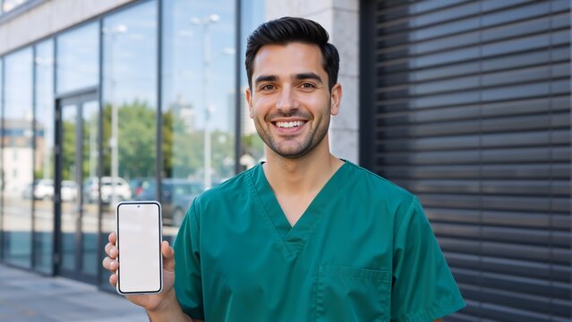 Smiling male doctor in green scrubs showing a smartphone with a blank screen. Healthcare professional presenting a medical app mockup for telemedicine - Powered by Adobe
