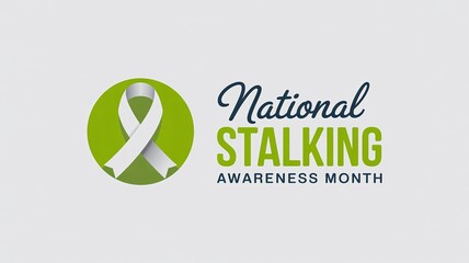 Graphic for National Stalking Awareness Month January featuring a Light Gray-Green Awareness Ribbon Icon on a Chartreuse Circle Background.