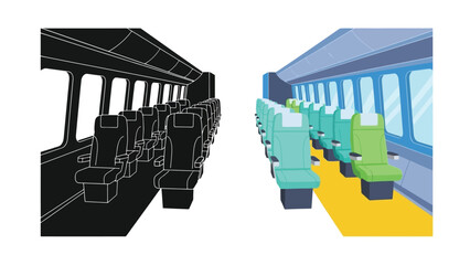 Inside a train carriage a dual perspective of color and monochrome