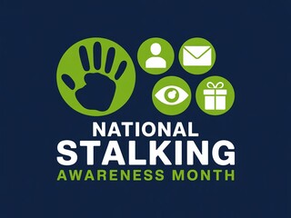 National Stalking Awareness Month Graphic with a Green Handprint and Icons Representing Different Forms of Stalking (Profile, Mail, Eye, Gift) on a Blue Background.