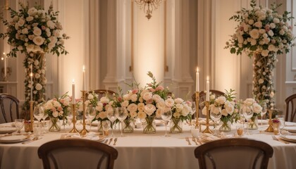 A sophisticated wedding table arrangement using candles, flowers, and gentle, romantic lighting
