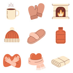 Winter warmth and relaxation illustration collection featuring mug mittens fireplace hot bottle scarf slippers cozy lifestyle flat vector design © kdpprosolutions2015