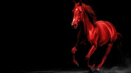 Powerful red horse running on black background expressing energy, passion and strength, dramatic animal photography with copy space ideal for bold branding and marketing.