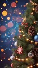 Decorated Christmas Tree Branch with Pine Cones, Ornaments, and Warm String Lights Against a Deep Blue Bokeh Background