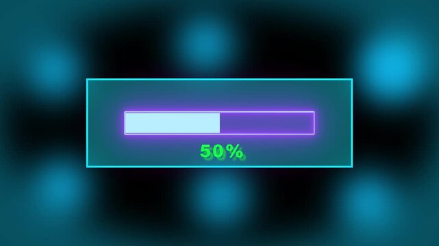 Futuristic digital progress bar animation with neon glowing percentage counter for technology system update software installation data processing and modern user interface
