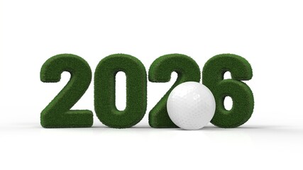 2026 new year digits covered with grass with golf ball. golf concept. 3D rendering