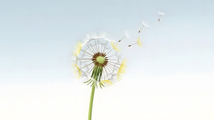 Dandelion's ethereal seeds floating in the wind against a pale blue sky, a symbol of transition and new beginnings.