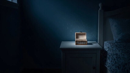 A magical glowing box on a nightstand releasing sparkling light in a dark bedroom. Mysterious fantasy concept with copy space for text