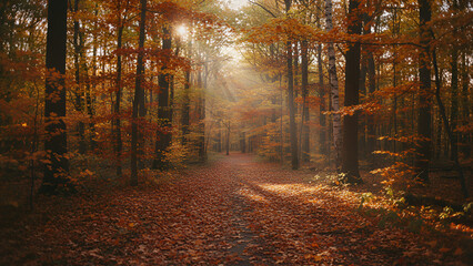 Obraz premium Autumn Forest Pathway — Sunlit Canopy, Golden Leaves & Tranquil Woodland Walk
