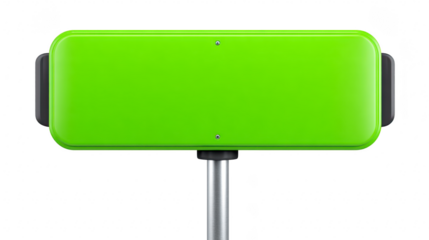 Green rectangular blank sign with rounded corners mounted on metal pole, isolated on transparency background, suitable for adding custom text or directions, modern and clean design