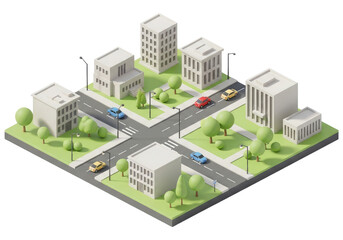 3d Urban City Layout With Streets and Traffic, Cut Out, Clipping Path, Isolated on a Transparent PNG Background.