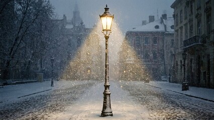 Illuminated vintage street lamp in a heavy snowfall on a charming cobblestone street in a historic European city at night, atmospheric winter scene.