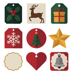 Fototapeta premium Christmas gift tag icon collection featuring reindeer present star tree snowflake bell shapes festive flat vector design elements