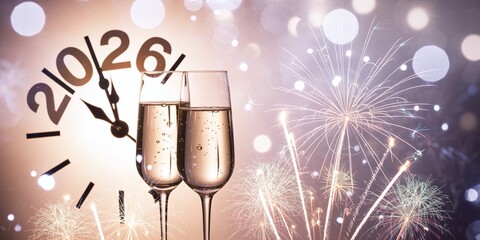 Happy New Year 2026 Celebration Banner with Champagne Glasses Toasting in front of a Clock, Bokeh Lights, and Fireworks against a Purple and Gold Gradient.