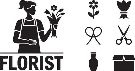 Florist arranging flower bouquet with floral icons like flower, ribbon, scissors, vase