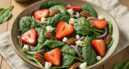Vibrant spinach salad with fresh strawberries, crunchy pecans, feta cheese, and red onion for healthy eating and a gourmet meal concept