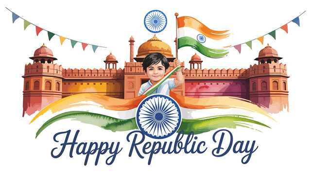 A happy child holds the indian national flag in a patriotic illustration for republic day, featuring the historic red fort background