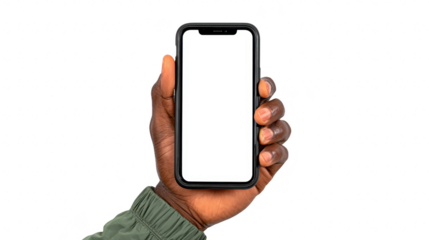 Hand holding smartphone with blank white screen, isolated on transparent background, perfect for mockup or design presentation, modern technology, communication, and digital device concept