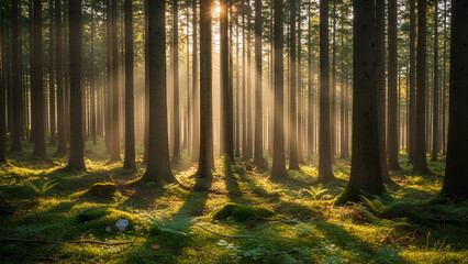 Fototapeta premium Sunlit Forest Symphony — Golden Rays Through Tall Pines & Serene Woodland Dawn