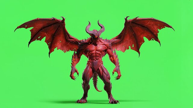 Mythical devil character with large tattered wings flaps them in a seamless loop. Isolated on a green screen for chroma key compositing. Lockdown shot.