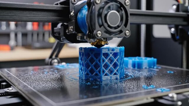 3D Printing in Action - Creating Blue Objects with Precision Technology.