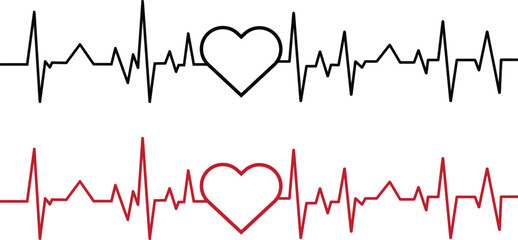 Black and red heartbeat EKG lines with heart symbols 