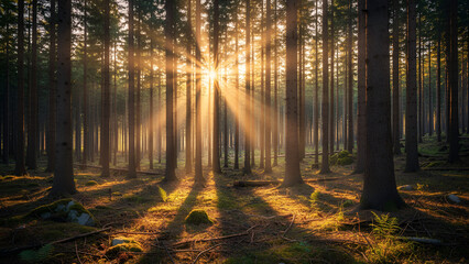 Fototapeta premium Sunlit Forest Cathedral — Golden Rays Through Tall Pines & Woodland Glow