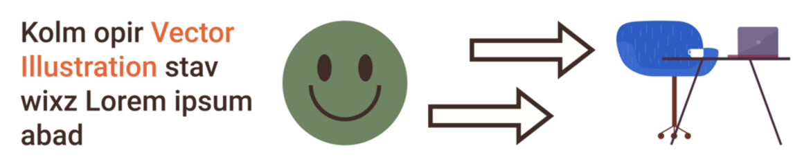 Communication, productivity, office work, digital connectivity, emotional balance, workplace efficiency. happy face with arrows leading to a desk, chair and laptop. Communication and productivity