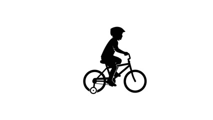 Naklejka premium Silhouette of a young child riding a bicycle with training wheels, symbolizing learning and childhood.