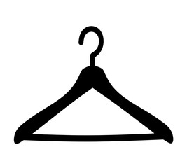 A simple black outline illustration depicts a classic wooden clothes hanger showcasing its curved design and hook