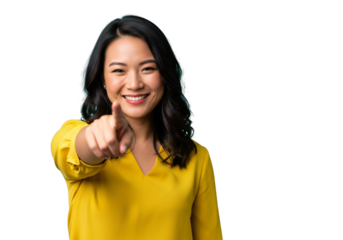 Smiling woman pointing thumbs up isolated on transparent background