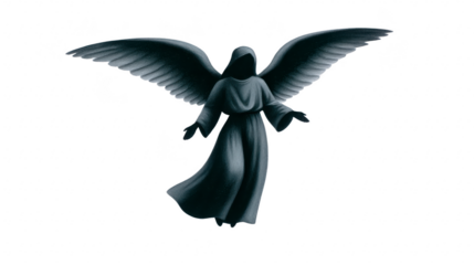 Hooded angel with large wings, dark robe, and mysterious aura, floating in midair, evokes sense of mystery and fantasy, perfect for spiritual or gothic themes