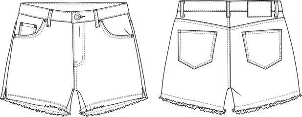 CAD drawing flat vector illustration of women’s denim shorts fashion template, front and back view, frayed raw hem design
